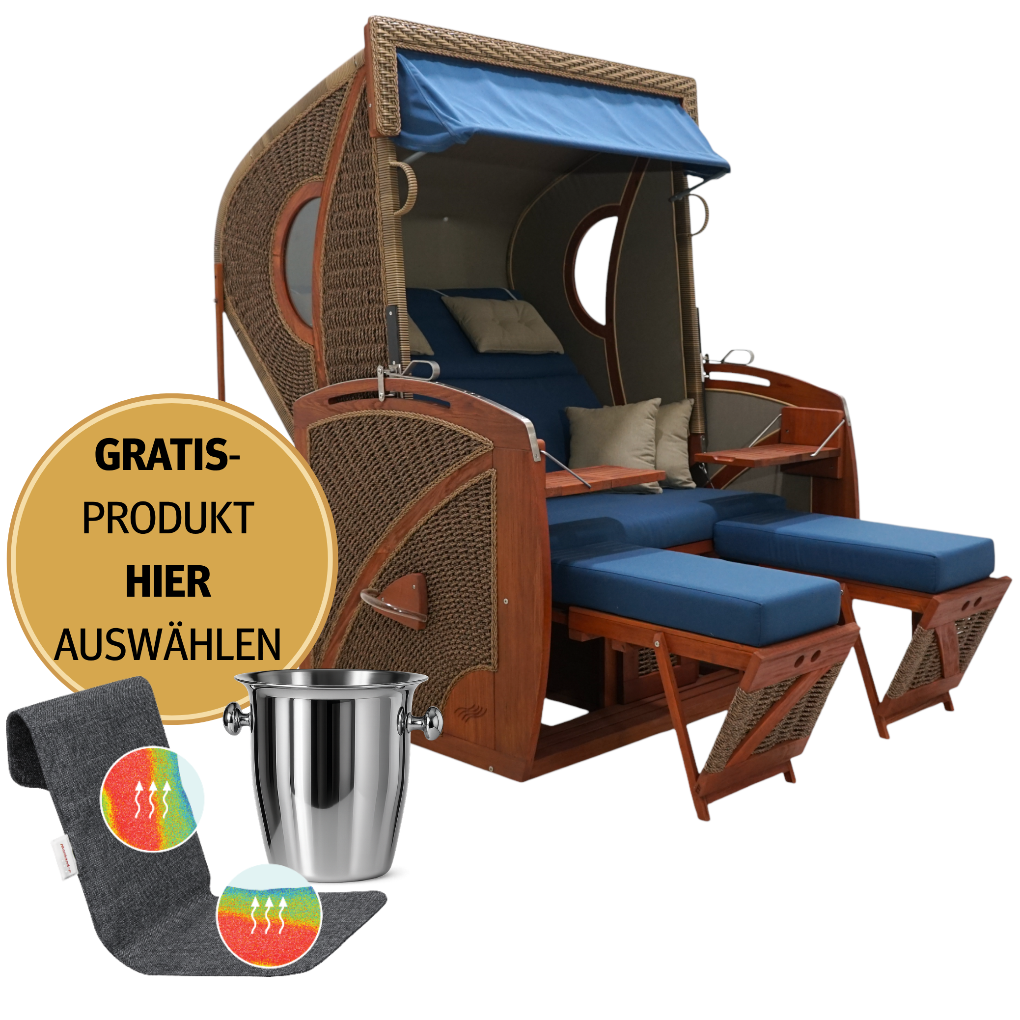 Strandkorb 2-Sitzer Komplettset | Pinienholz – Vollmatrose limitierte Sonderedition