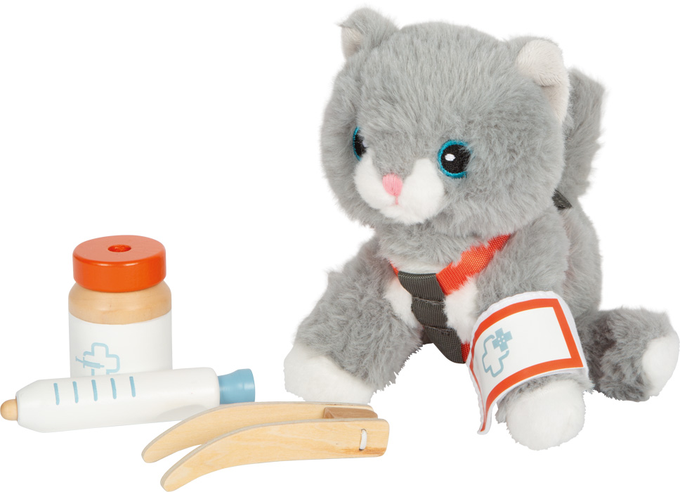 Katze mit Tasche und Pflege-Set